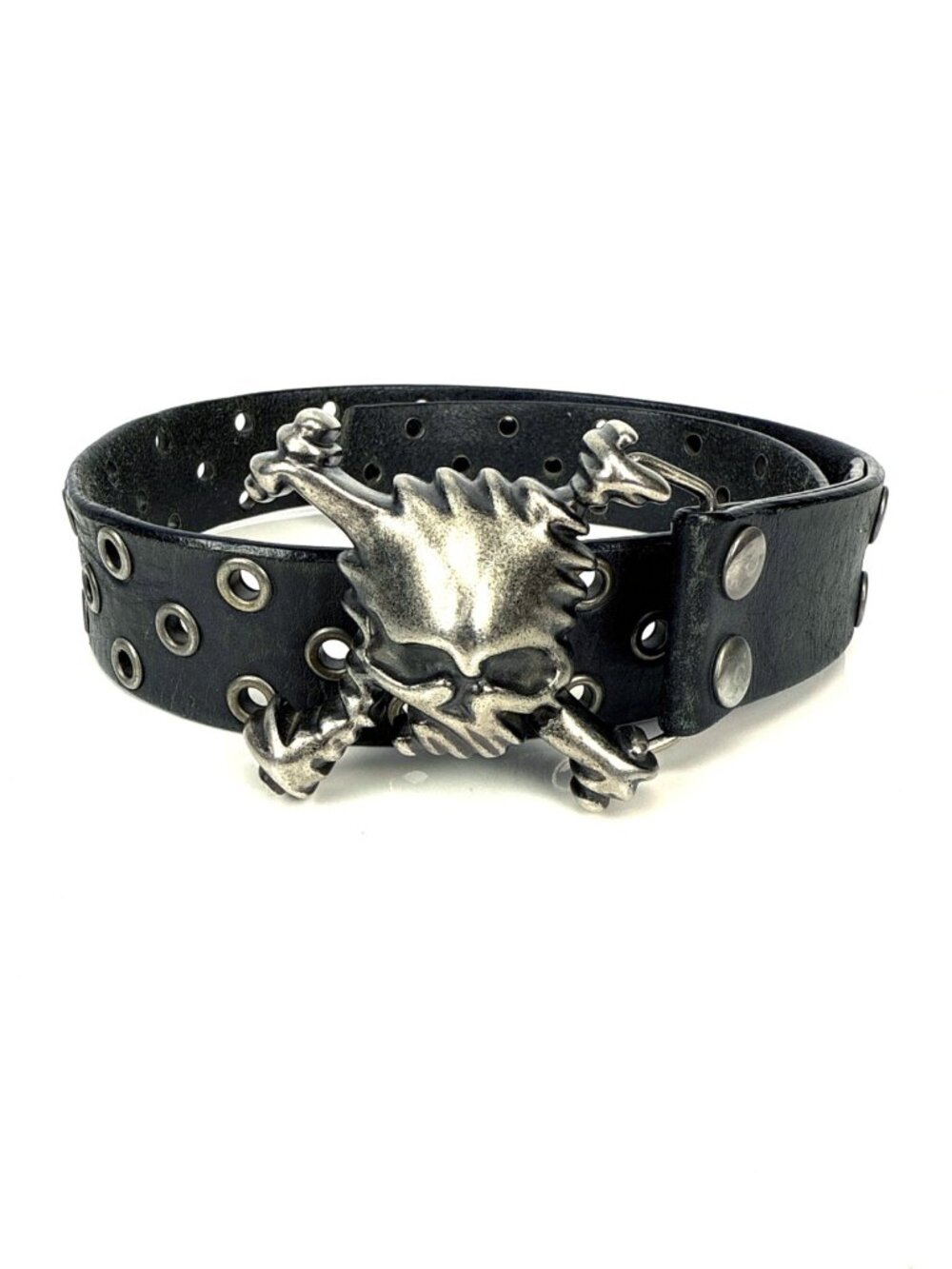 Vtg OAKLEY Y2K Grommet Skull Buckle 2004 Leather Goth Black Silver Belt sz S